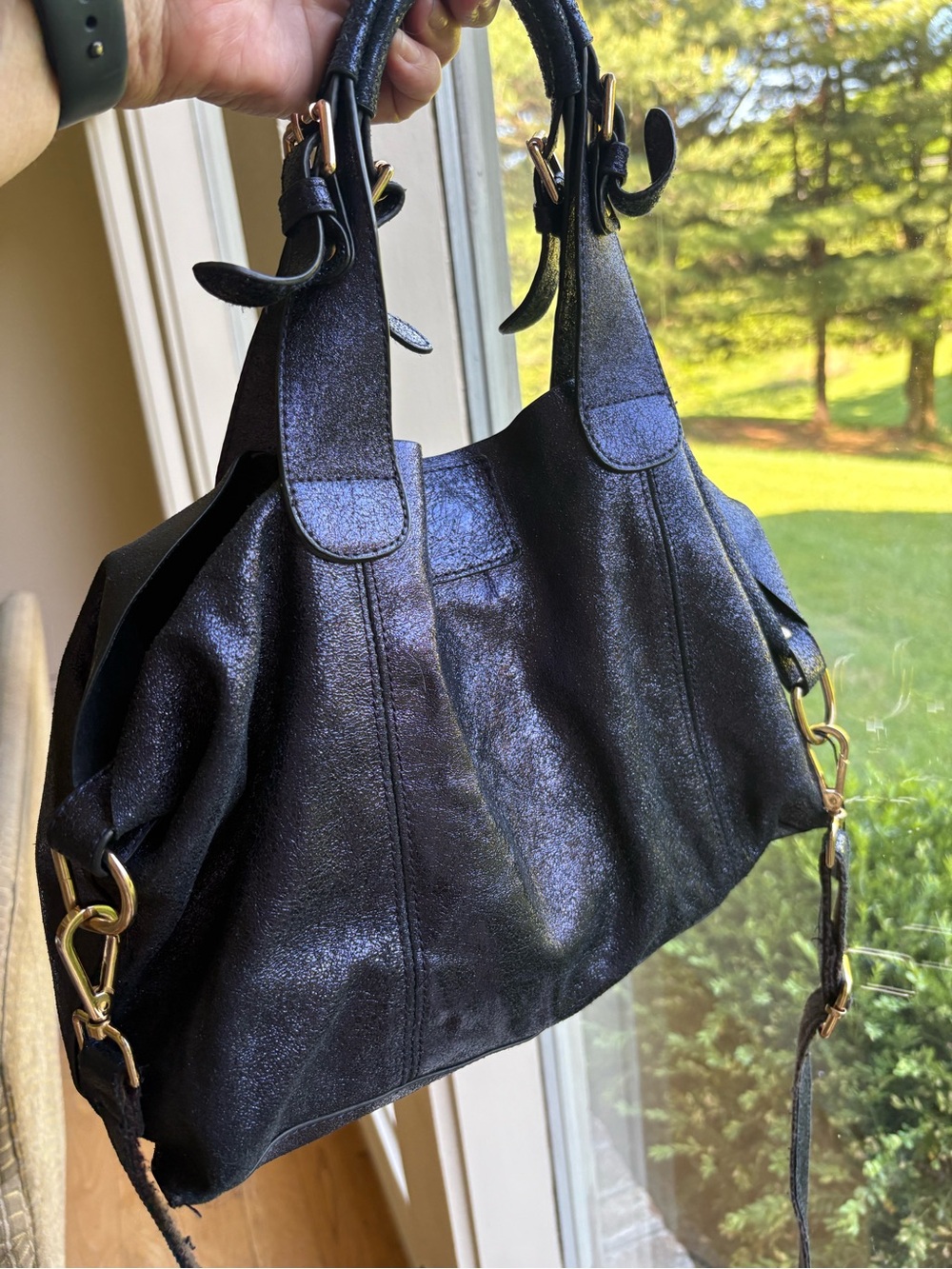 H2Z Vintage Blue Metallic Leather Purse 💙 Tote Gold Hardware Crossbody Strap